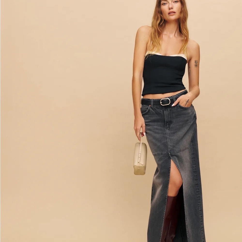 Tazz Maxi Denim Skirt Distressed Grey Black 90s Reformation Liman wash Sz. 28